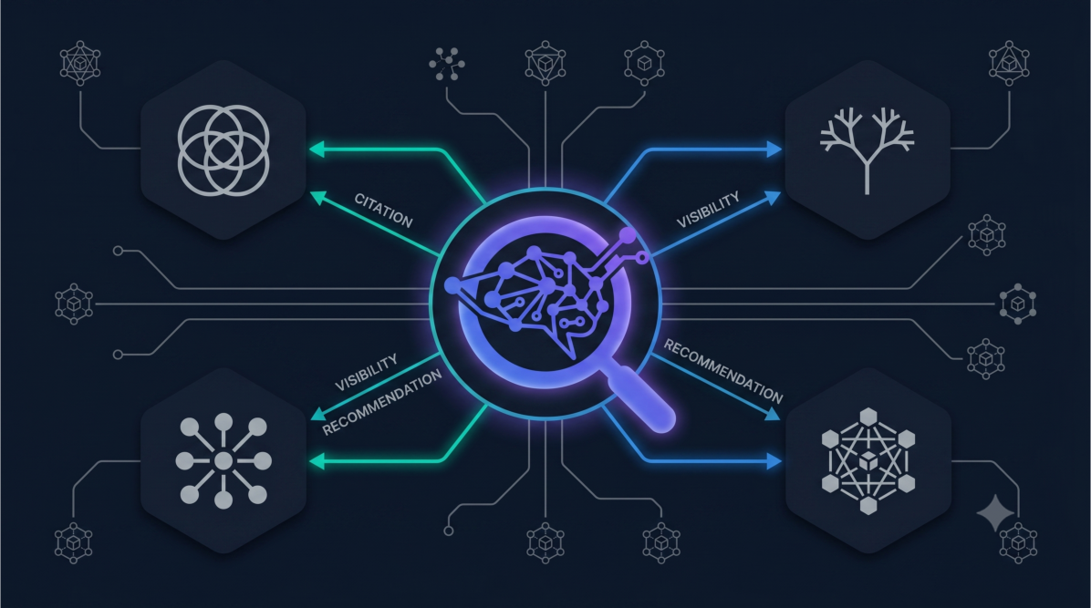 Diagram showing a GEO platform at the centre of an AI search visibility ecosystem, with citation, visibility, and recommendation signals connecting to four AI engine nodes and multiple agency clients